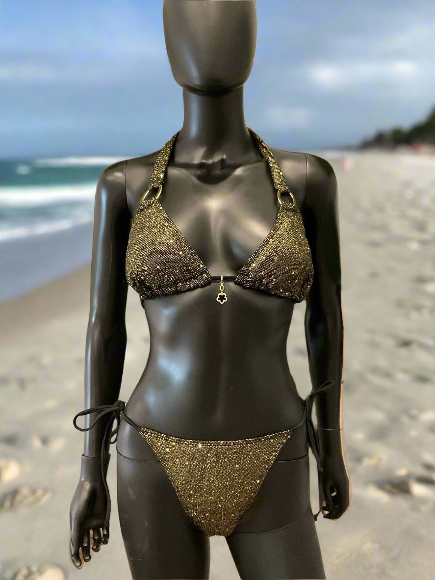 Black/Gold Shimmery Bikini with Charming Bikinis Small Black Rhinestone Charm!