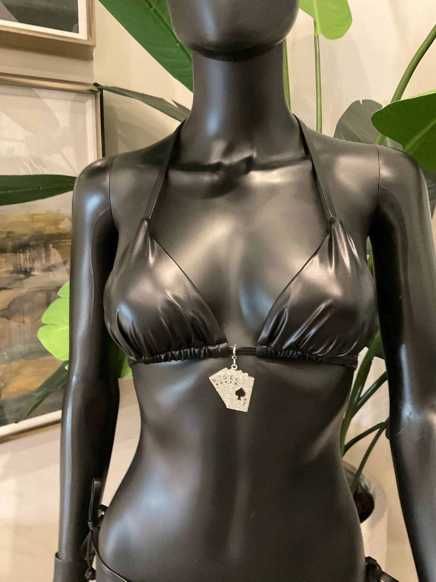 Black Leather(faux)Bikini with Charming Bikinis Royal Flush Charm!