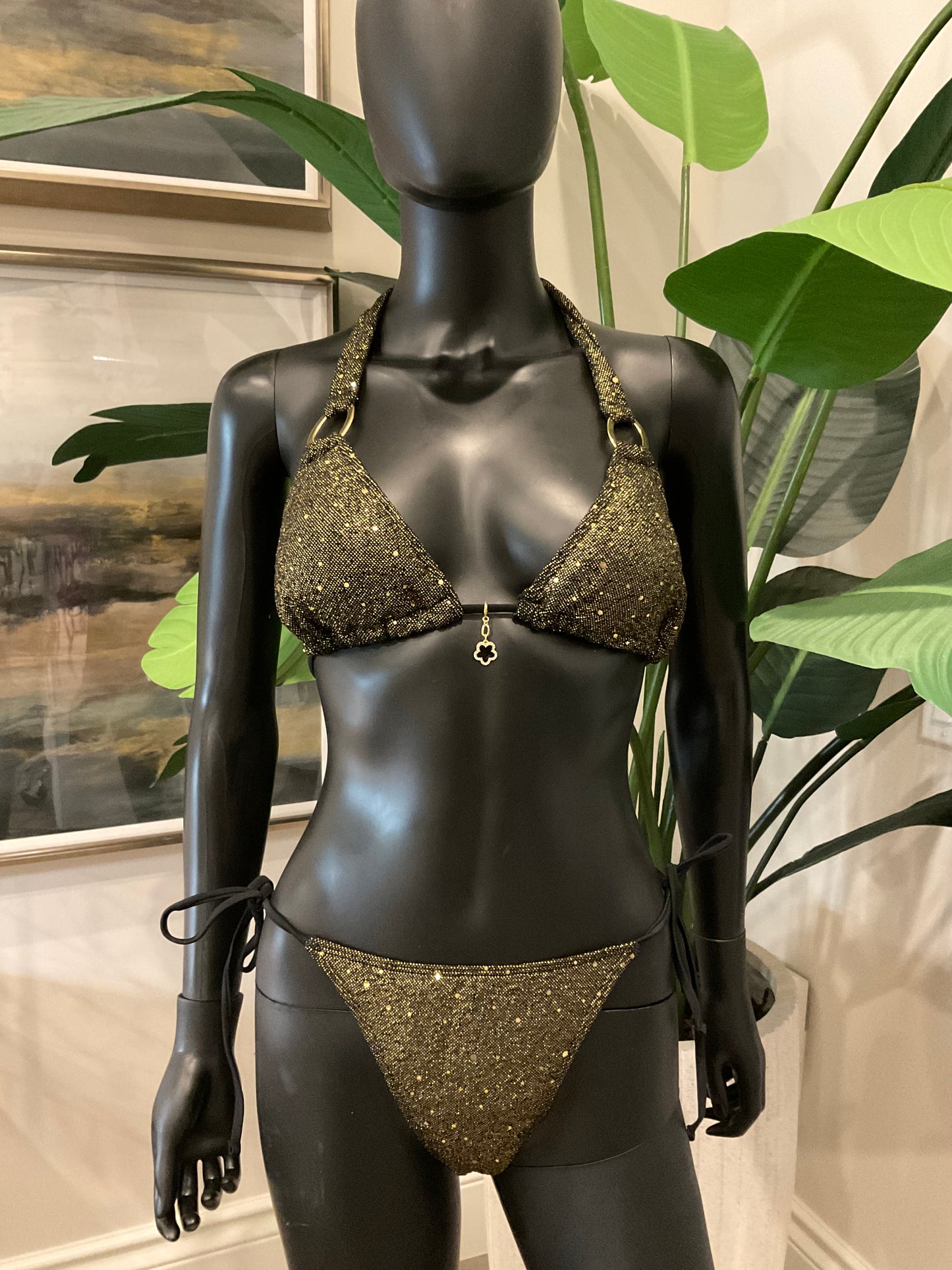 Black/Gold Shimmery Bikini with Charming Bikinis Small Black Rhinestone Charm!