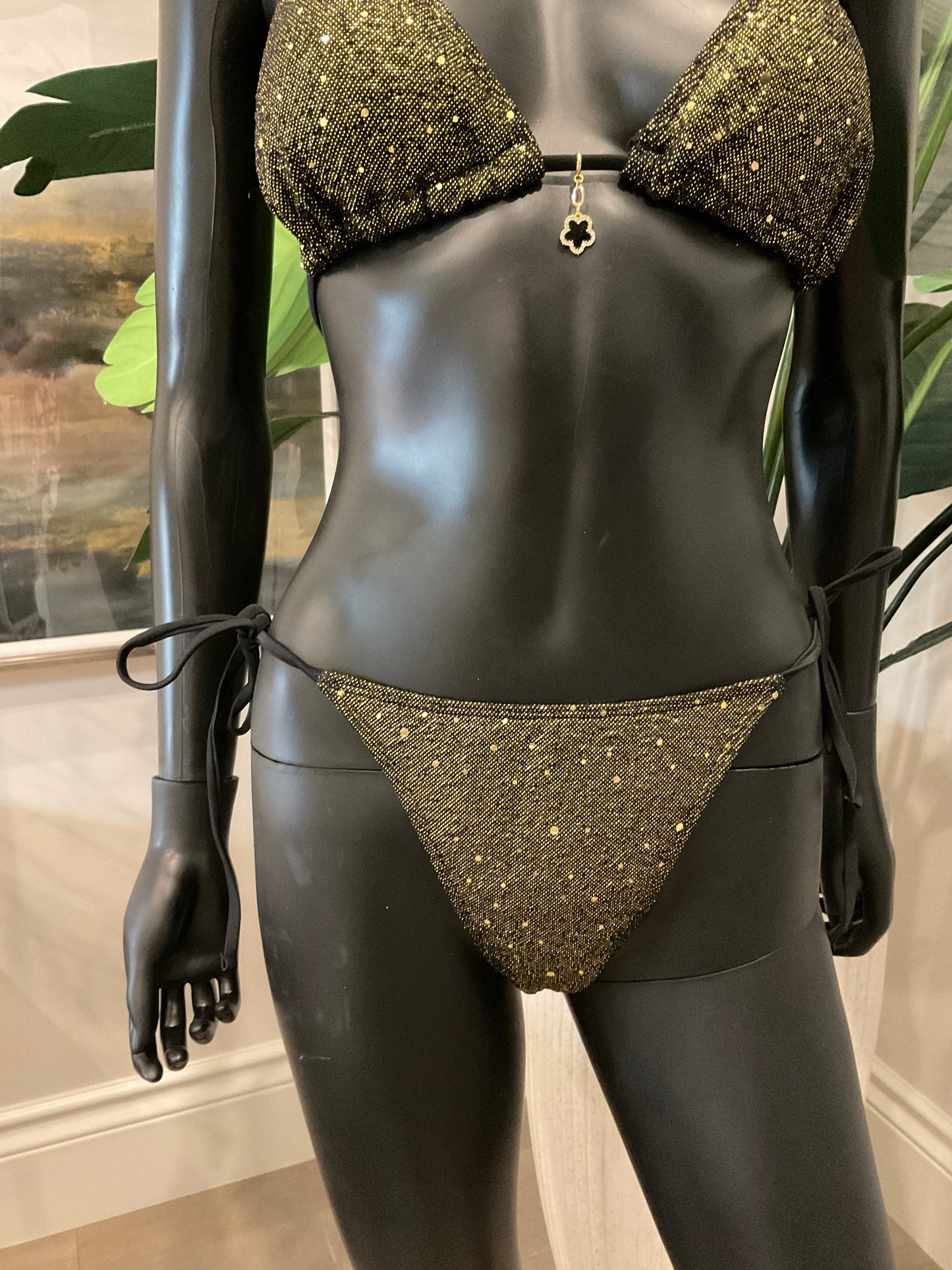 Black/Gold Shimmery Bikini with Charming Bikinis Small Black Rhinestone Charm!