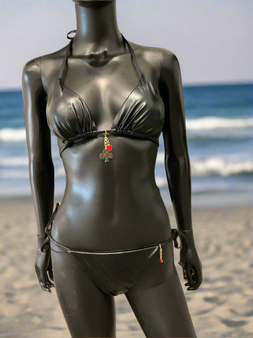 Black Leather(Faux)Bikini with Charming Bikinis Black Spade Charm!