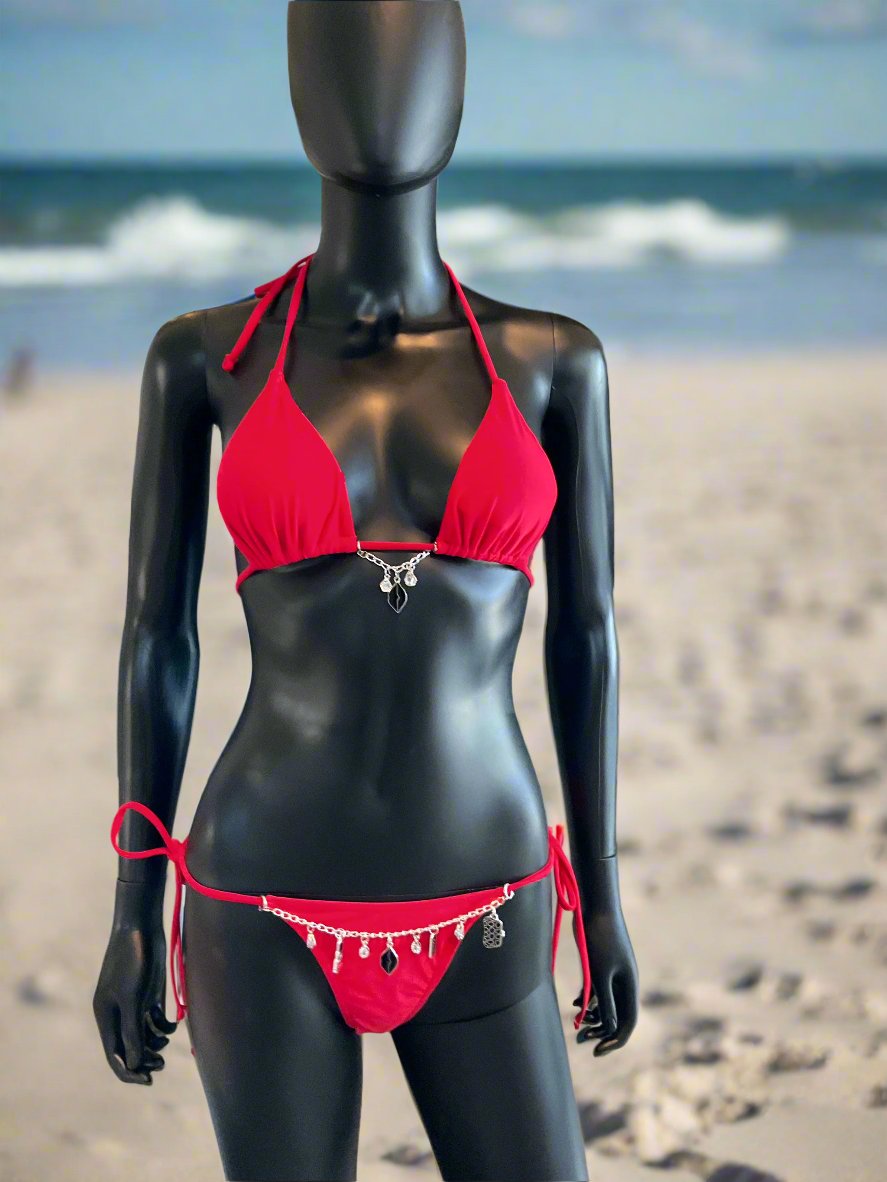 Red Bikini with Charming Bikinis Lip Charms & Charm Belt!