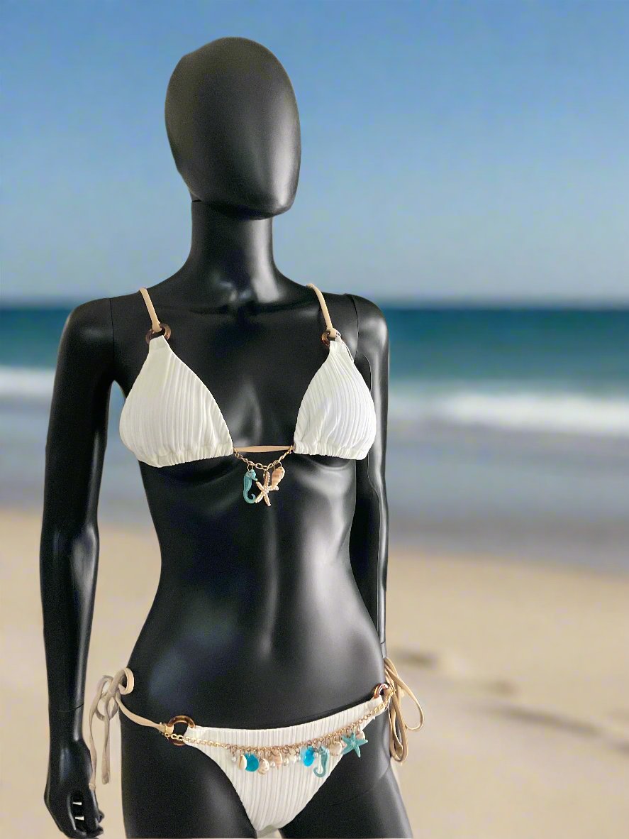 White Bikini/Tan Straps with Charming Bikinis Charm & Charm Belt!