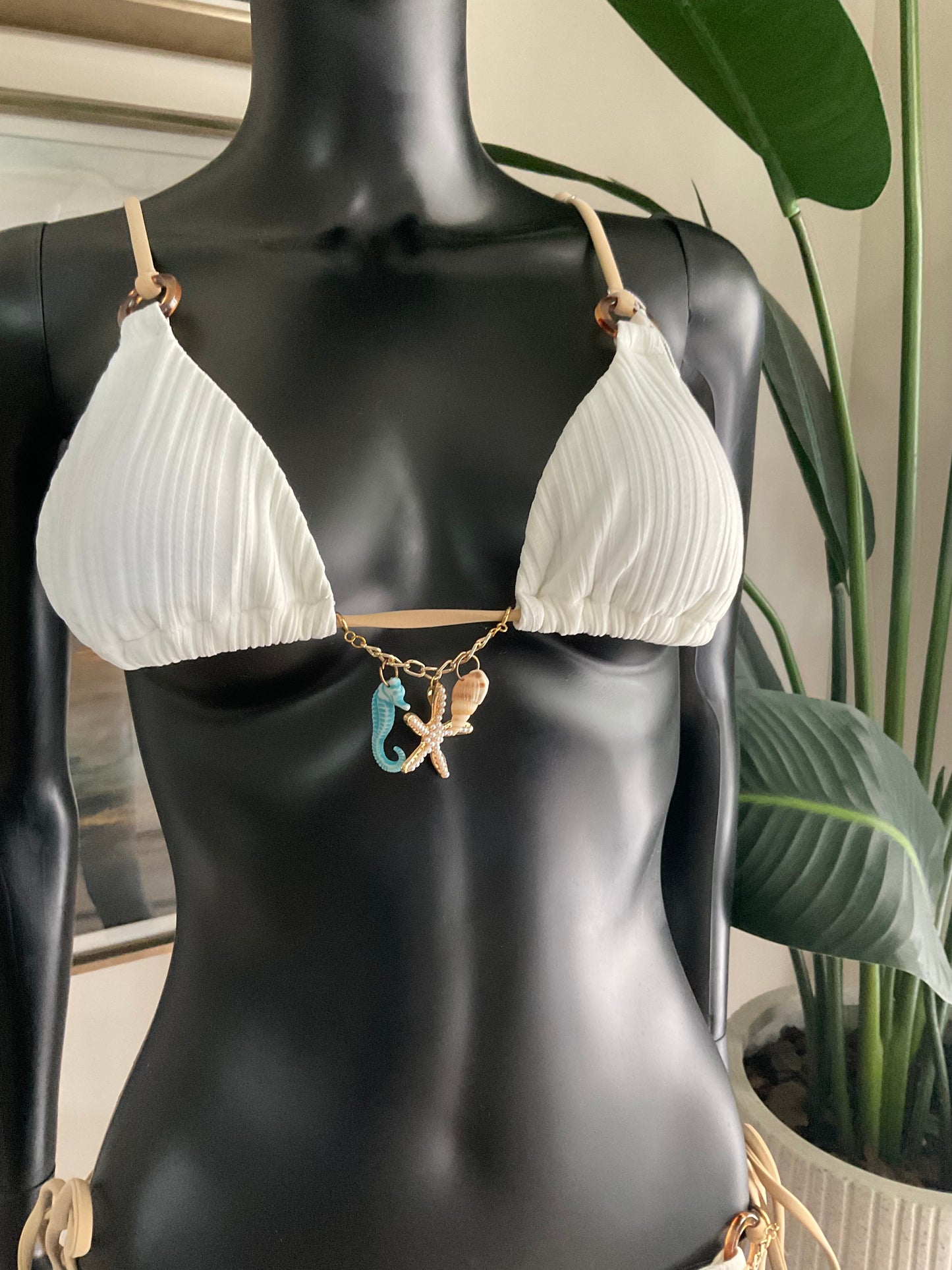 White Bikini/Tan Straps with Charming Bikinis Charm & Charm Belt!