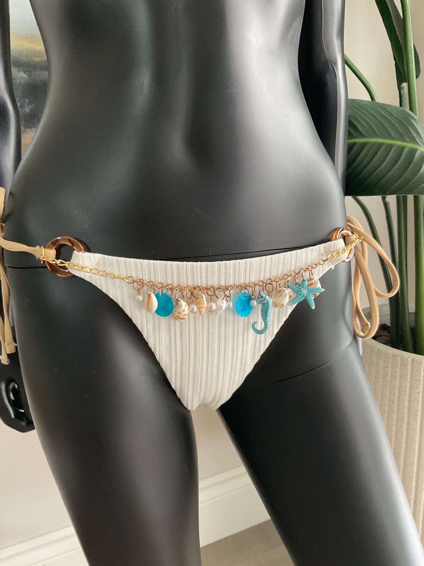 White Bikini/Tan Straps with Charming Bikinis Charm & Charm Belt!