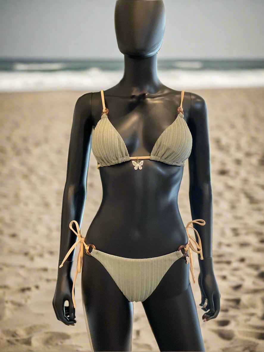 Khaki Green Bikini with Charming Bikinis Rhinestone Butterfly Charm!