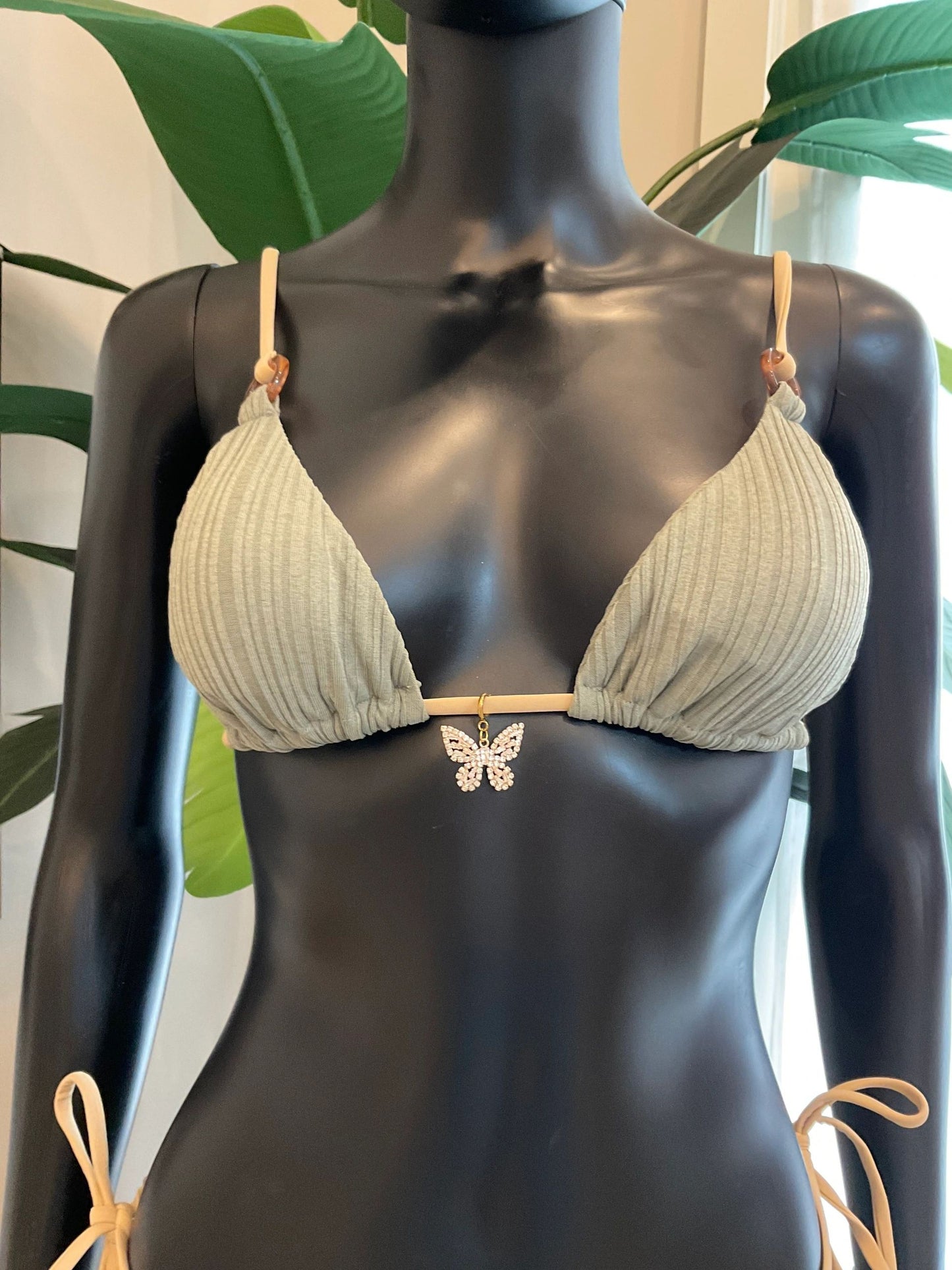 Khaki Green Bikini with Charming Bikinis Rhinestone Butterfly Charm!