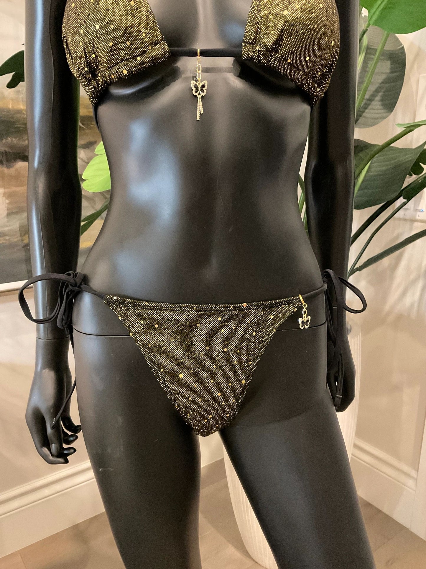 Black/Gold Shimmery Bikini with Charming Bikinis Glamorous Butterfly Charm!