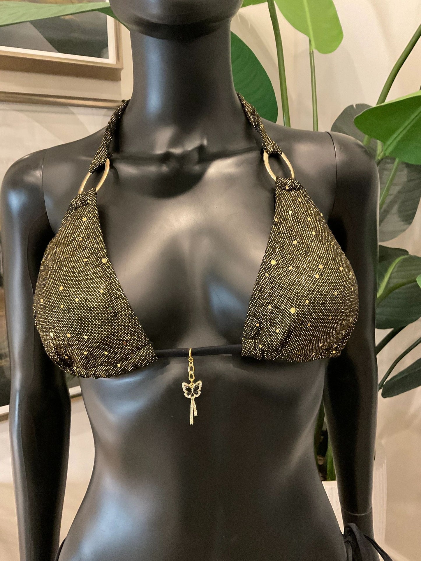 Black/Gold Shimmery Bikini with Charming Bikinis Glamorous Butterfly Charm!
