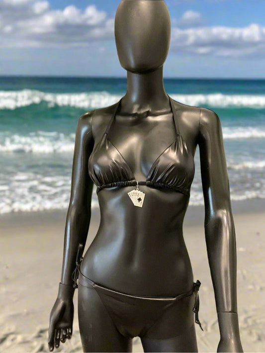 Black Leather(faux)Bikini with Charming Bikinis Royal Flush Charm!