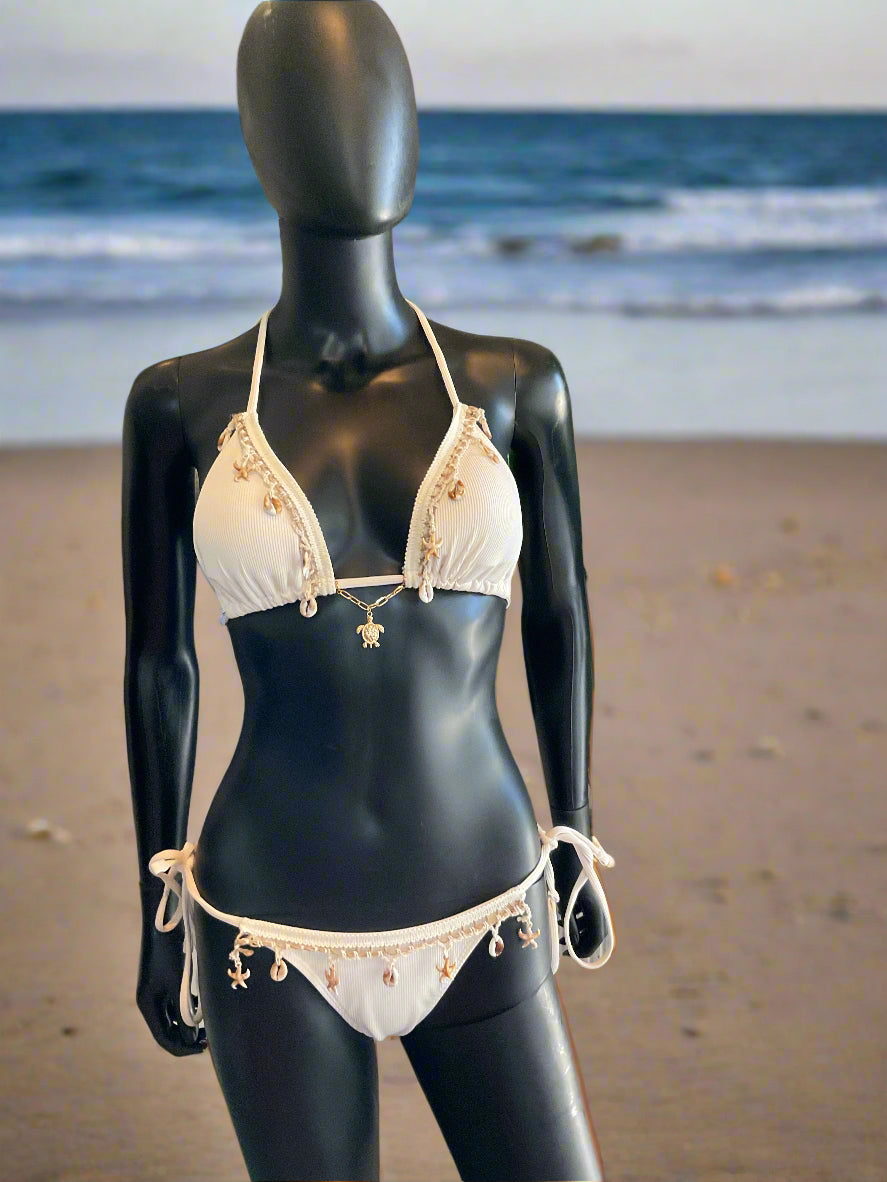 Cream Bikini loaded with Seashells with a Charming Bikini Charm!